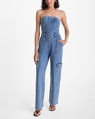 Light Wash Strapless Wide Leg Denim Jumpsuit Express