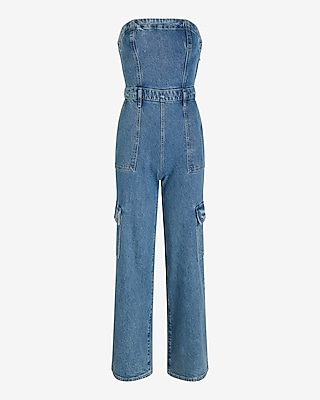 Light Wash Strapless Wide Leg Denim Jumpsuit