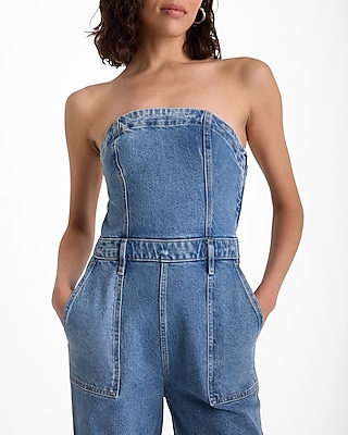 Light Wash Strapless Wide Leg Denim Jumpsuit