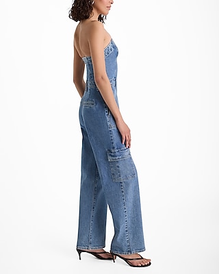 Light Wash Strapless Wide Leg Denim Jumpsuit