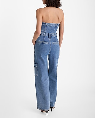 Light Wash Strapless Wide Leg Denim Jumpsuit