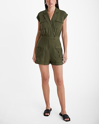 Linen-blend Short Sleeve Cargo Romper | Express