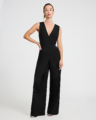 V-neck Sleeveless Surplice Belted Wide Leg Jumpsuit | Express