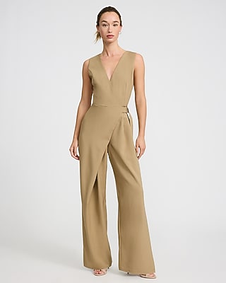 V-neck Sleeveless Surplice Belted Wide Leg Jumpsuit | Express