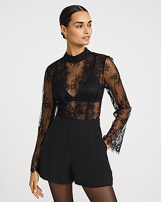 Mixed Media Sheer Lace Mock Neck Romper | Express