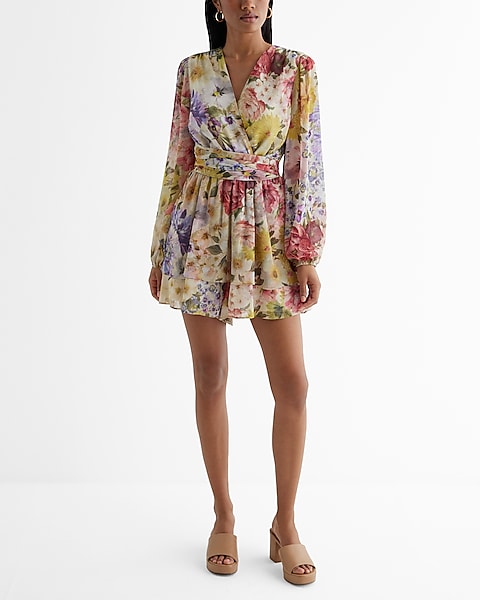 Floral V-neck Surplice Tie Waist Romper | Express Floral V-neck Surplice Tie Waist Romper | Express