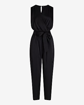 Satin Sleeveless Surplice Tie Waist Cargo Jumpsuit