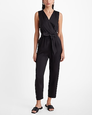 Satin Sleeveless Surplice Tie Waist Cargo Jumpsuit