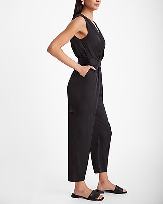 Satin Sleeveless Surplice Tie Waist Cargo Jumpsuit
