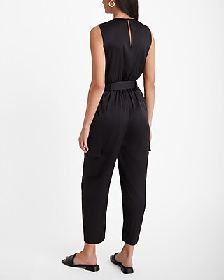 Satin Sleeveless Surplice Tie Waist Cargo Jumpsuit