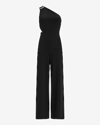 Crepe One Shoulder Gold Hardware Cutout Jumpsuit with Pockets
