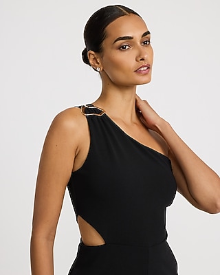 Crepe One Shoulder Gold Hardware Cutout Jumpsuit with Pockets
