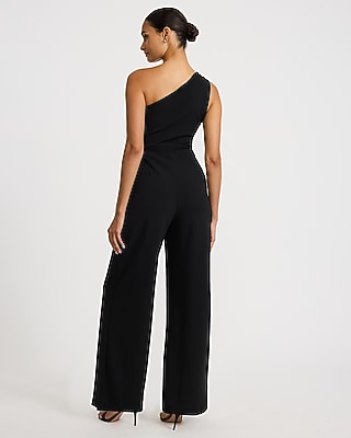 Crepe One Shoulder Gold Hardware Cutout Jumpsuit with Pockets