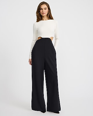 Crepe Color Block Crew Neck Cutout Wide Leg Jumpsuit with Pockets