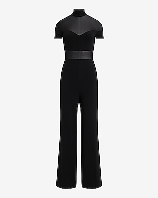 Mesh Pieced Short Sleeve Mock Neck Straight Leg Jumpsuit