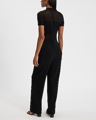 Mesh Pieced Short Sleeve Mock Neck Straight Leg Jumpsuit