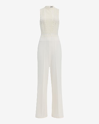 Lace Crew Neck Sleeveless Sheer Wide Leg Jumpsuit