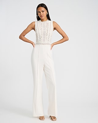 Lace Crew Neck Sleeveless Sheer Wide Leg Jumpsuit