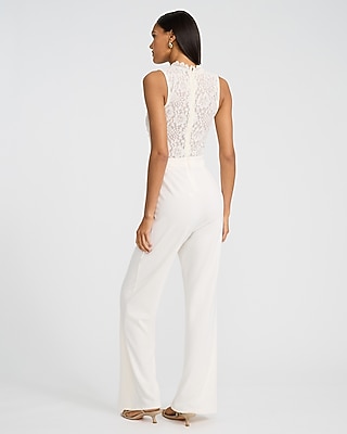 Lace Crew Neck Sleeveless Sheer Wide Leg Jumpsuit