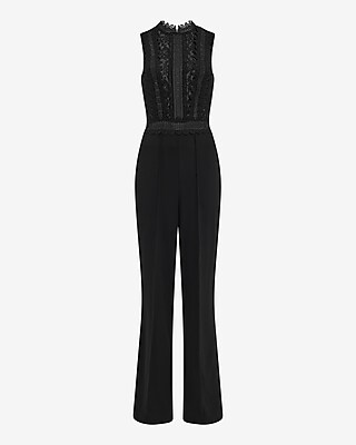 Lace Crew Neck Sleeveless Sheer Wide Leg Jumpsuit