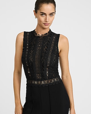 Lace Crew Neck Sleeveless Sheer Wide Leg Jumpsuit