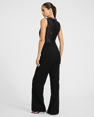 Lace Crew Neck Sleeveless Sheer Wide Leg Jumpsuit
