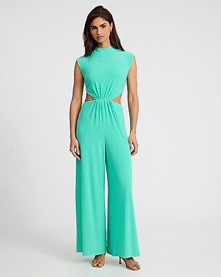 Mock Neck Cap Sleeve Cutout Wide Leg Jumpsuit