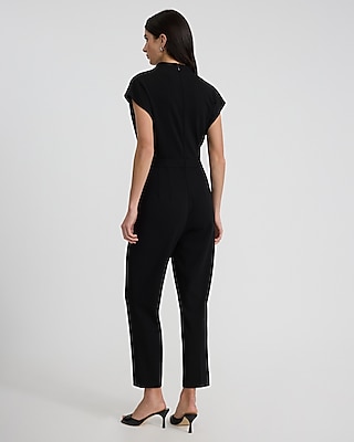 Draped Neck Cap Sleeve Straight Leg Jumpsuit