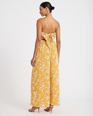 Satin Printed Strapless Tie Back Wide Leg Jumpsuit