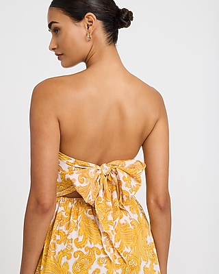 Satin Printed Strapless Tie Back Wide Leg Jumpsuit