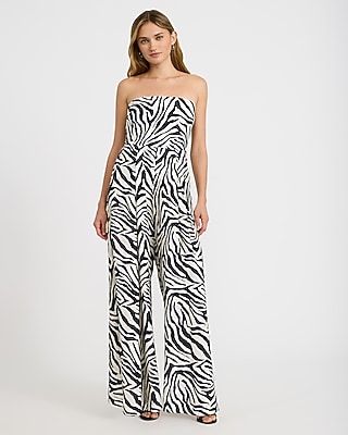 Satin Zebra Strapless Wide Leg Jumpsuit with Pockets