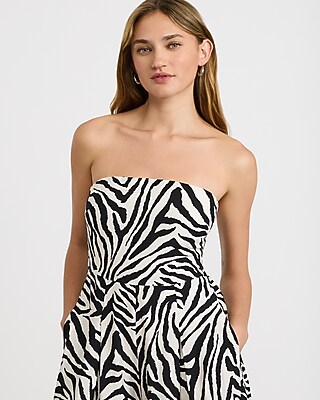 Satin Zebra Strapless Wide Leg Jumpsuit with Pockets
