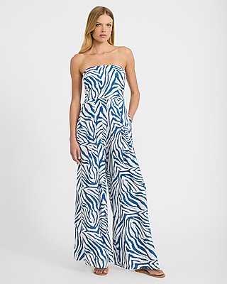 Satin Zebra Strapless Wide Leg Jumpsuit with Pockets - thumbnail 4