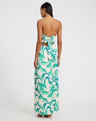 Satin Floral Strapless Tie Back Wide Leg Jumpsuit with Pockets
