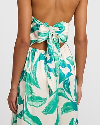 Satin Floral Strapless Tie Back Wide Leg Jumpsuit with Pockets