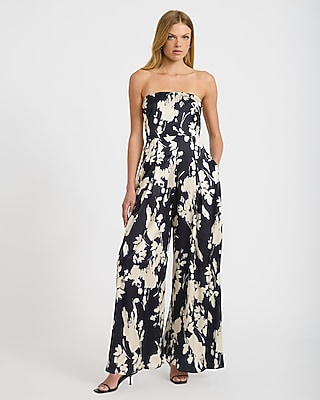 Floral Satin Strapless Wide Leg Jumpsuit with Pockets