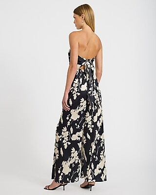 Floral Satin Strapless Wide Leg Jumpsuit with Pockets