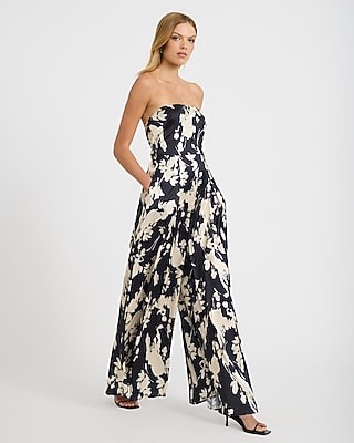 Floral Satin Strapless Wide Leg Jumpsuit with Pockets