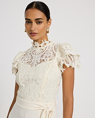Lace Mock Neck Flutter Sleeve Tie Waist Wide Leg Jumpsuit