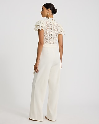 Lace Mock Neck Flutter Sleeve Tie Waist Wide Leg Jumpsuit