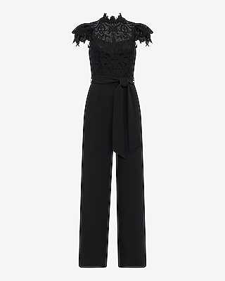 Lace Mock Neck Flutter Sleeve Tie Waist Wide Leg Jumpsuit