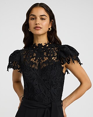 Lace Mock Neck Flutter Sleeve Tie Waist Wide Leg Jumpsuit