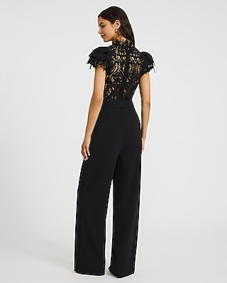Lace Mock Neck Flutter Sleeve Tie Waist Wide Leg Jumpsuit