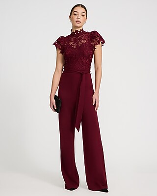 Lace Mock Neck Flutter Sleeve Tie Waist Wide Leg Jumpsuit | Express