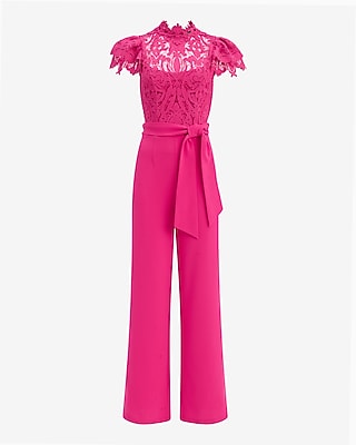 Lace Mock Neck Flutter Sleeve Tie Waist Wide Leg Jumpsuit