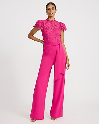 Lace Mock Neck Flutter Sleeve Tie Waist Wide Leg Jumpsuit