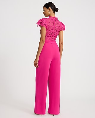 Lace Mock Neck Flutter Sleeve Tie Waist Wide Leg Jumpsuit