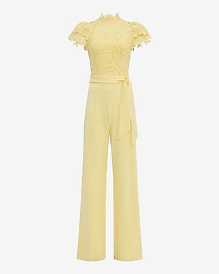 Lace Mock Neck Flutter Sleeve Tie Waist Wide Leg Jumpsuit