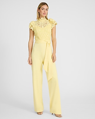 Lace Mock Neck Flutter Sleeve Tie Waist Wide Leg Jumpsuit