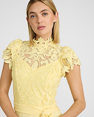 Lace Mock Neck Flutter Sleeve Tie Waist Wide Leg Jumpsuit